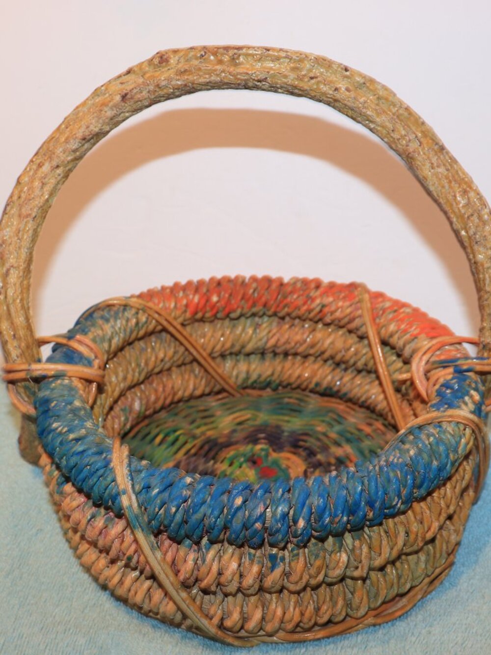 Vintage Handmade Coiled Woven Basket With Handle 8"X9"
